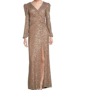 Xscape Rose Gold Sequined Maxi Evening Dress Puff‎ Sleeve Sz 8 $298